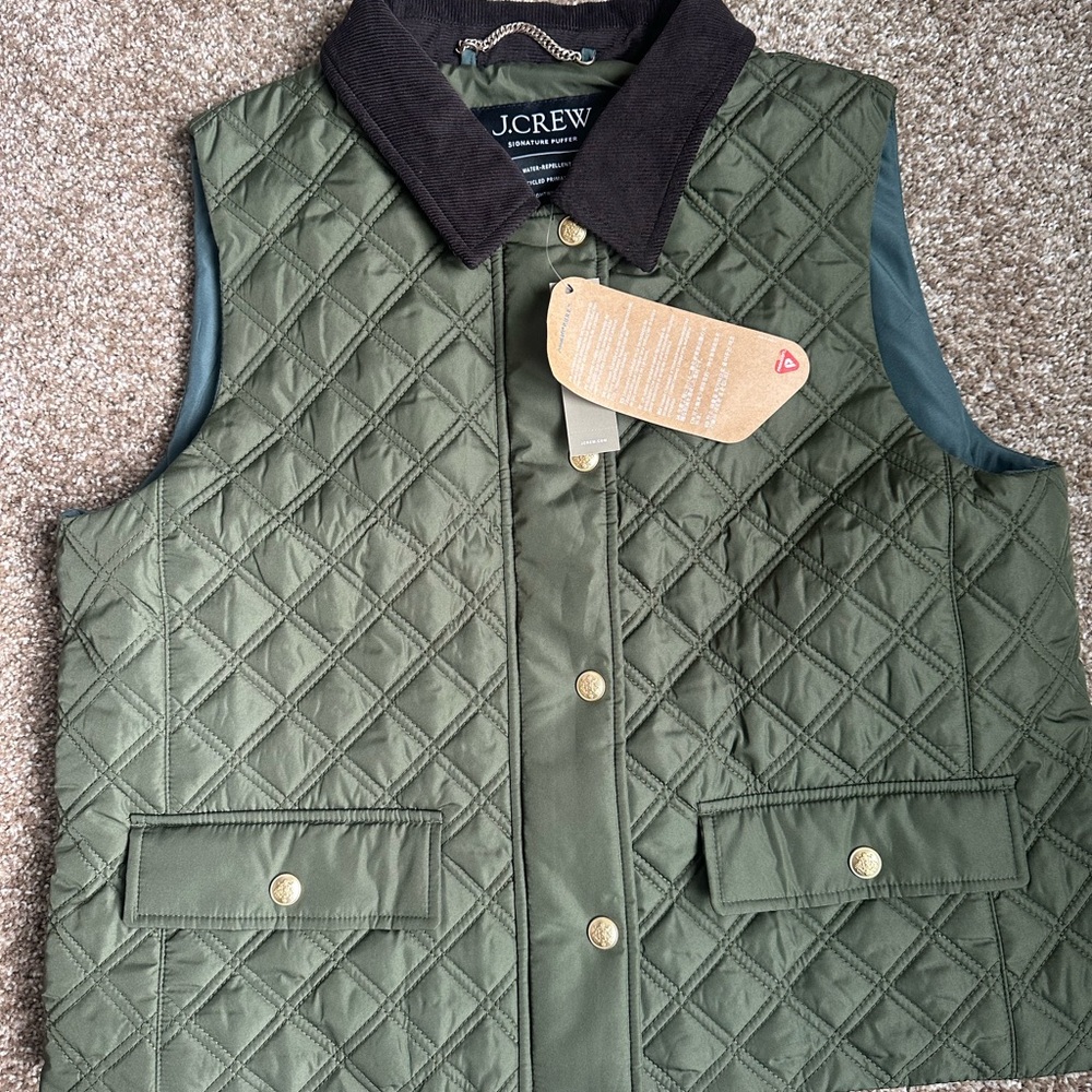 J. Crew women's Olive Quilted Vest with Black Collar